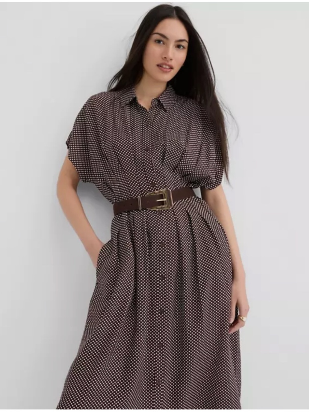 Loft Brown White Polka Dot Pindot Pleated Midi Shirtdress New S - Picture 3 of 9